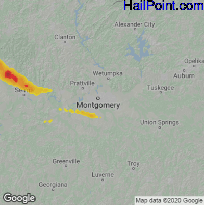 Hail Map for Montgomery, AL Region on April 16, 2022
