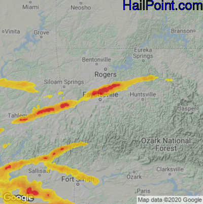 Hail Map for Fayetteville, AR Region on April 16, 2022