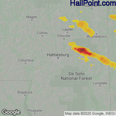 Hail Map for Hattiesburg, MS Region on April 16, 2022 