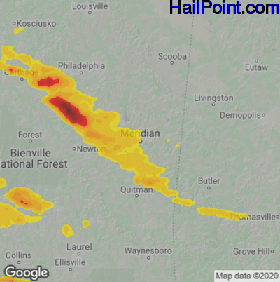 Hail Map for Meridan, MS Region on April 17, 2022