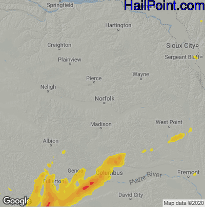 Hail Map for Norfolk, NE Region on April 22, 2022