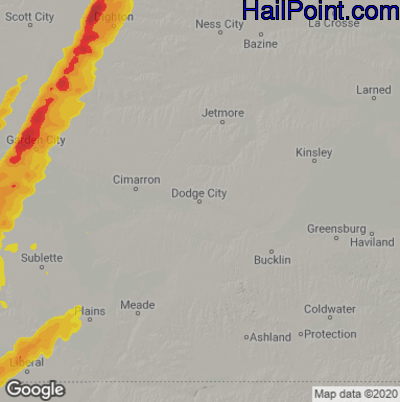 Hail Map for Dodge City, KS Region on April 23, 2022
