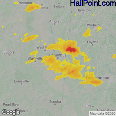 Hail Map for Columbus, MS Region on May 1, 2022