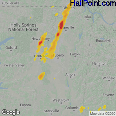 Hail Map for Tupelo, MS Region on May 2, 2022