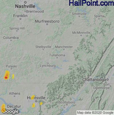 Hail Map for Tullahoma, TN Region on May 2, 2022 