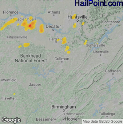 Hail Map for Cullman, AL Region on May 2, 2022