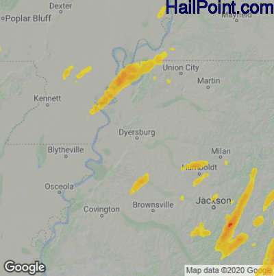 Hail Map for Dyersburg, TN Region on May 2, 2022