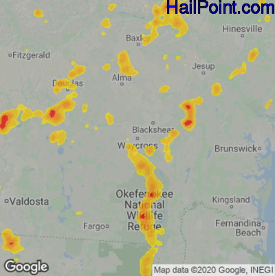 Hail Map for Waycross, GA Region on May 3, 2022 