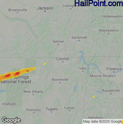 Hail Map for Corinth, MS Region on May 5, 2022