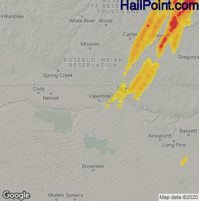 Hail Map for Valentine, NE Region on May 12, 2022
