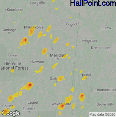 Hail Map for Meridan, MS Region on May 12, 2022