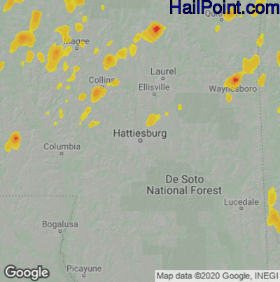 Hail Map for Hattiesburg, MS Region on May 12, 2022