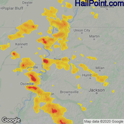 Hail Map for Dyersburg, TN Region on May 14, 2022