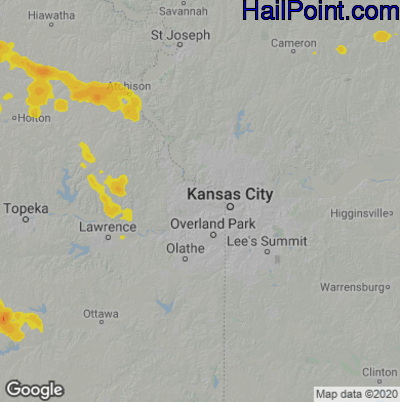 Hail Map for Kansas City, KS Region on May 15, 2022