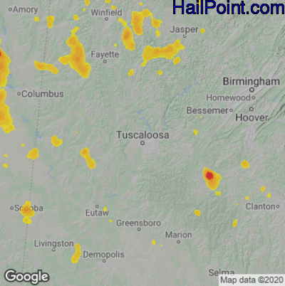 Hail Map for Tuscaloosa, AL Region on May 15, 2022