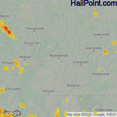 Hail Map for Monroeville, AL Region on May 15, 2022 