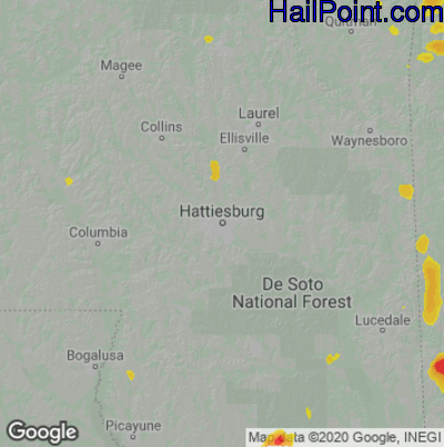 Hail Map for Hattiesburg, MS Region on May 15, 2022