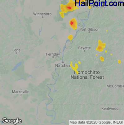 Hail Map for Natchez, MS Region on May 16, 2022 