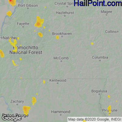 Hail Map for McComb, MS Region on May 16, 2022