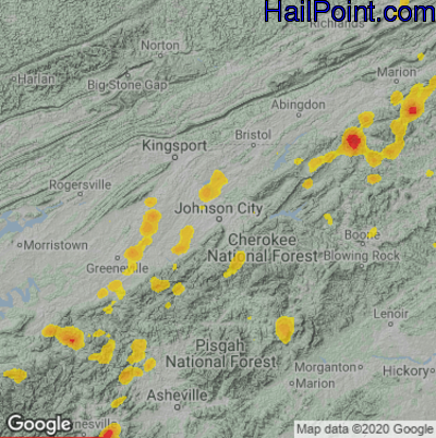 Hail Map for Johnson City, TN Region on May 21, 2022