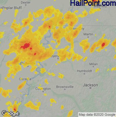 Hail Map for Dyersburg, TN Region on May 21, 2022