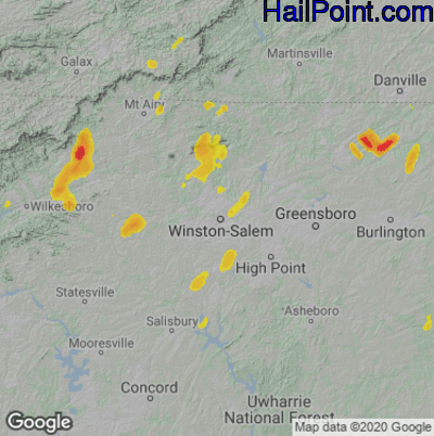 Hail Map for Winston-Salem, NC Region on May 21, 2022