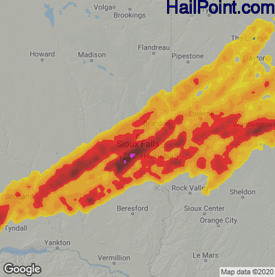Hail Map for Sioux Falls, SD Region on May 29, 2022