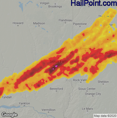 Hail Map for Sioux Falls, SD Region on May 29, 2022 