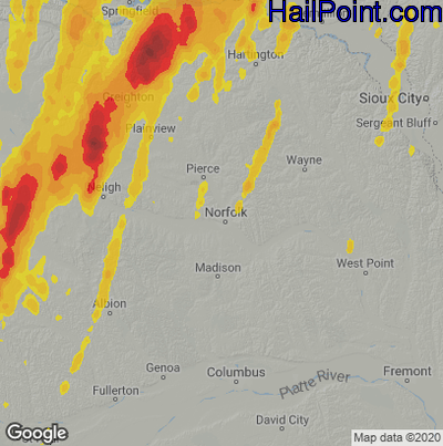 Hail Map for Norfolk, NE Region on May 30, 2022