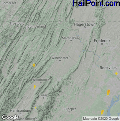 Hail Map for Winchester, VA Region on June 1, 2022