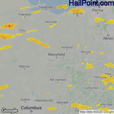 Hail Map for Mansfield, OH Region on June 1, 2022