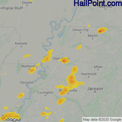 Hail Map for Dyersburg, TN Region on June 1, 2022
