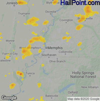 Hail Map for Memphis, TN Region on June 1, 2022