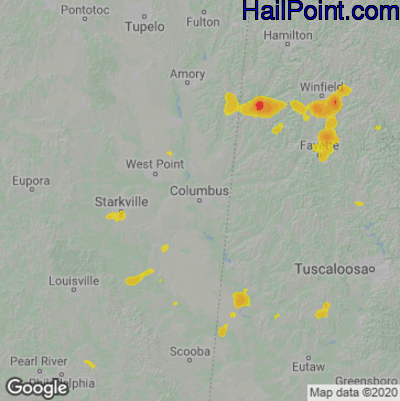 Hail Map for Columbus, MS Region on June 2, 2022