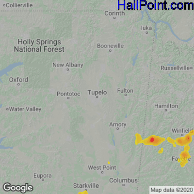 Hail Map for Tupelo, MS Region on June 2, 2022