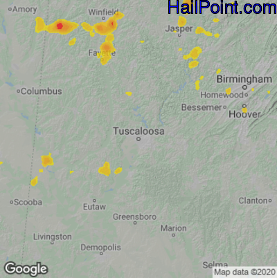 Hail Map for Tuscaloosa, AL Region on June 2, 2022 