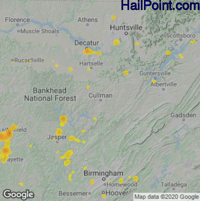 Hail Map for Cullman, AL Region on June 2, 2022