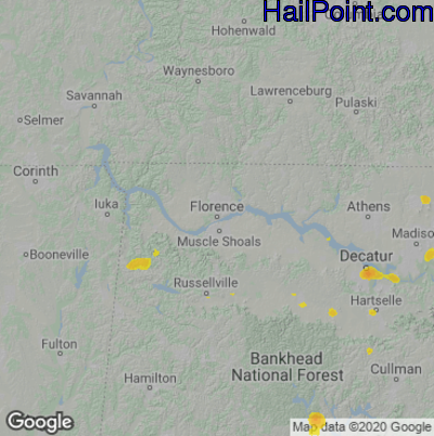 Hail Map for Florence, AL Region on June 2, 2022 