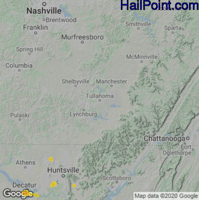 Hail Map for Tullahoma, TN Region on June 2, 2022