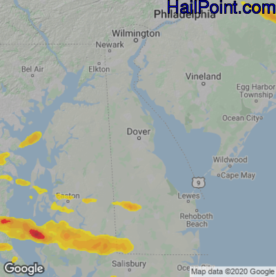 Hail Map for Dover, DE Region on June 2, 2022