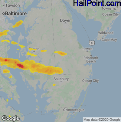 Hail Map for Seaford, DE Region on June 2, 2022