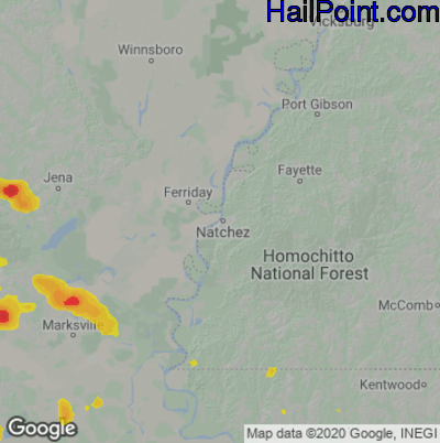 Hail Map for Natchez, MS Region on June 2, 2022