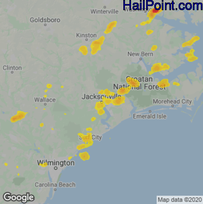Hail Map for Jacksonville, NC Region on June 3, 2022