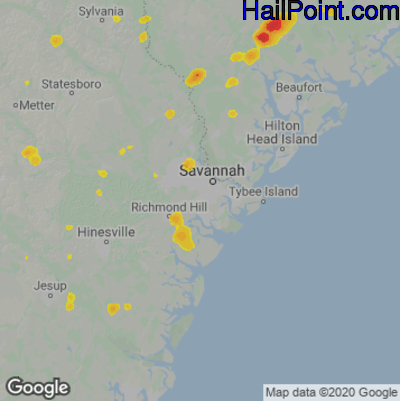 Hail Map for Savannah, GA Region on June 3, 2022
