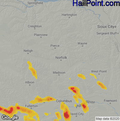 Hail Map for Norfolk, NE Region on June 4, 2022 