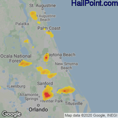 Hail Map for Daytona Beach, FL Region on June 6, 2022