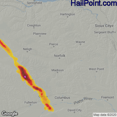 Hail Map for Norfolk, NE Region on June 6, 2022