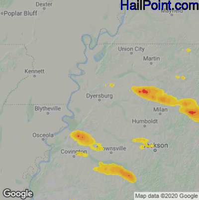 Hail Map for Dyersburg, TN Region on June 7, 2022