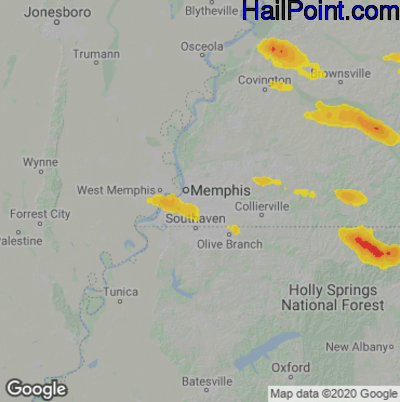 Hail Map for Memphis, TN Region on June 7, 2022