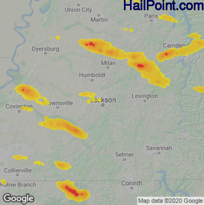 Hail Map for Jackson, TN Region on June 7, 2022